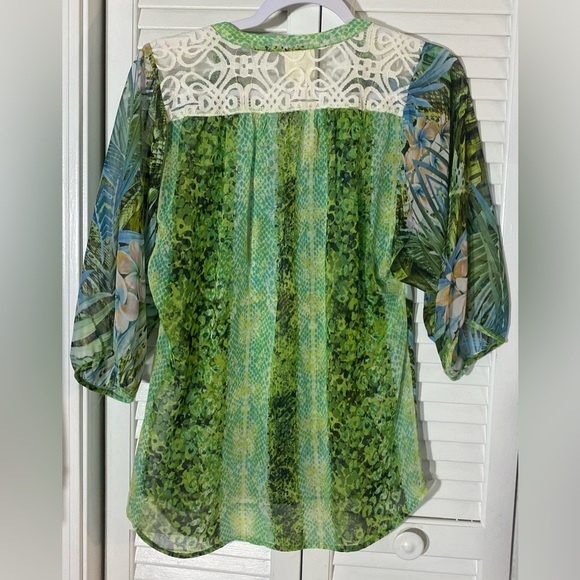 Anthropologie Fig & Flower Tropical Botanical Sheer Blouse, Size S, Blue & Green - Picture 2 of 8